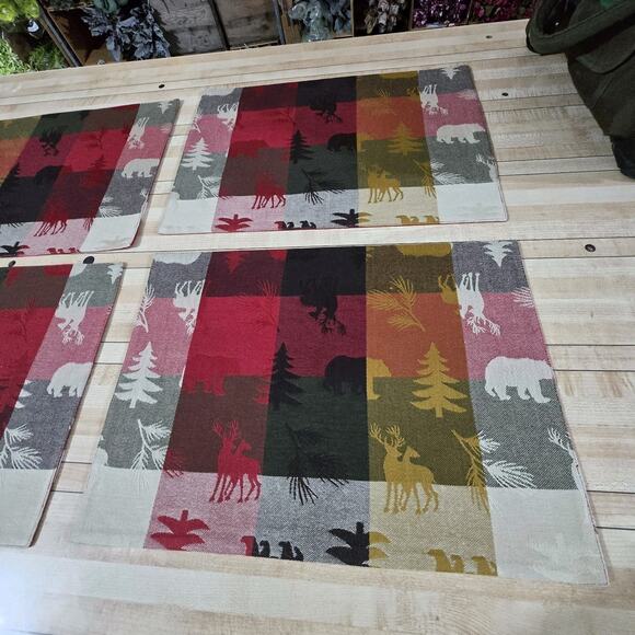 Home Studio Set 8 Woodland Placemats 8"x13" Deer Bear Trees Red Brown Cream - Picture 9 of 13
